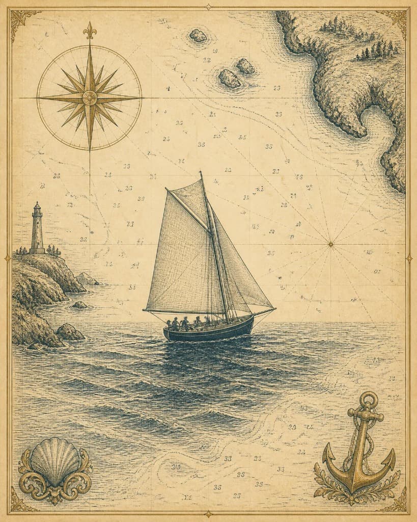 Navigating the Open Water — Sailboat on vintage nautical chart